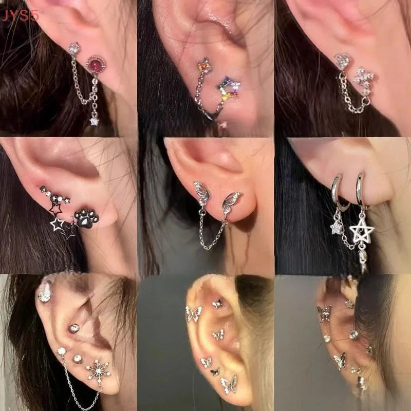 Double Ear Hole Ear Bone Chain Sweet Cool Y2K Dazzle Color 2025 New Earrings